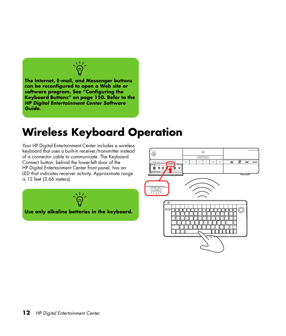 Wireless keyboard operation, Hp digital entertainment center, Use only alkaline batteries in the keyboard | HP 2307890A User Manual | Page 18 / 194