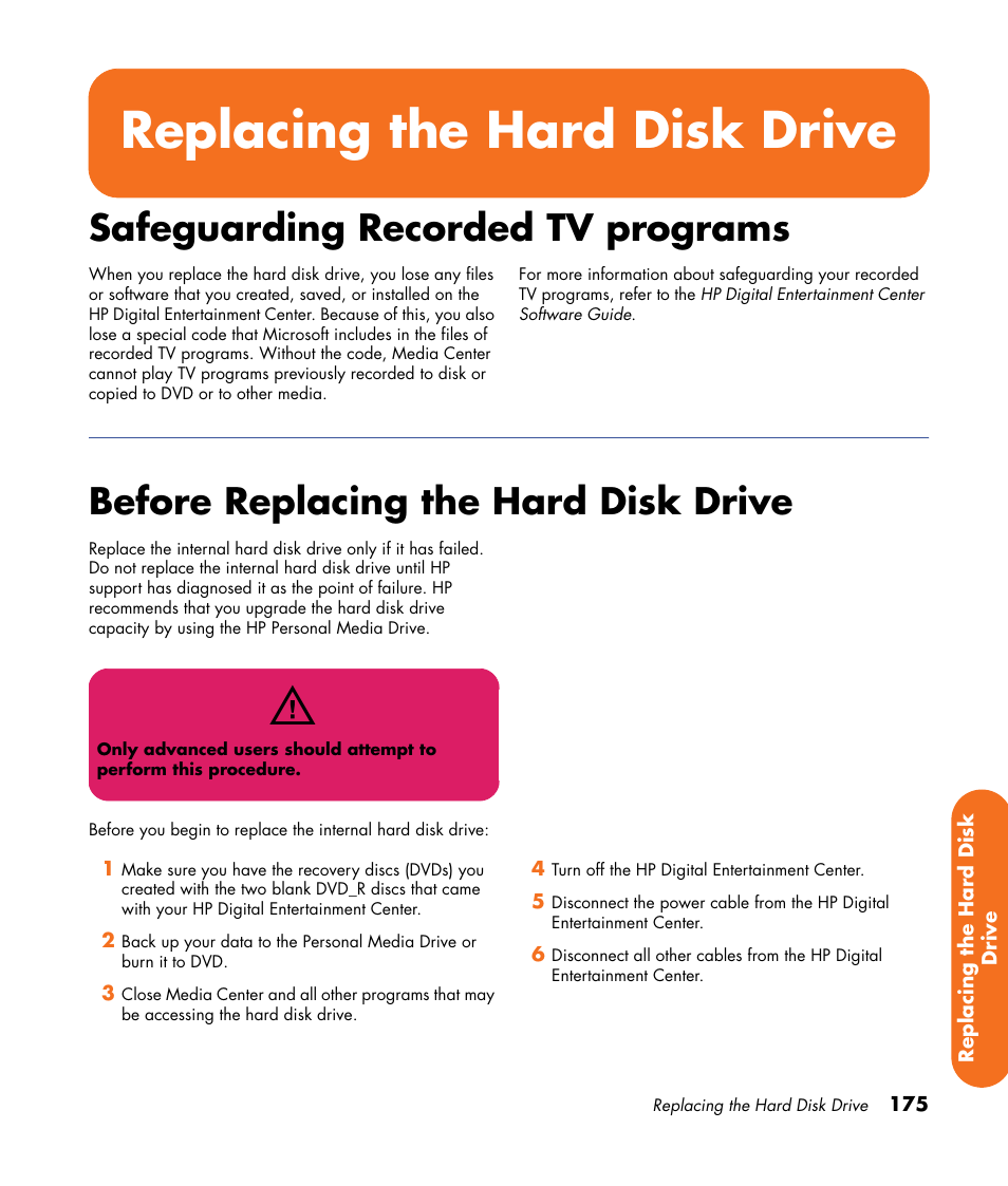 Replacing the hard disk drive, Safeguarding recorded tv programs, Before replacing the hard disk drive | HP 2307890A User Manual | Page 181 / 194