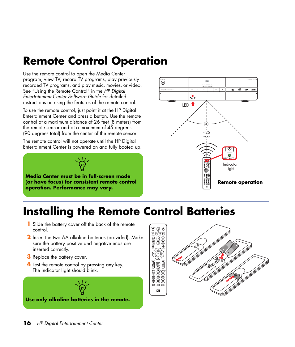 Remote control operation, Installing the remote control batteries | HP 2307890A User Manual | Page 22 / 194