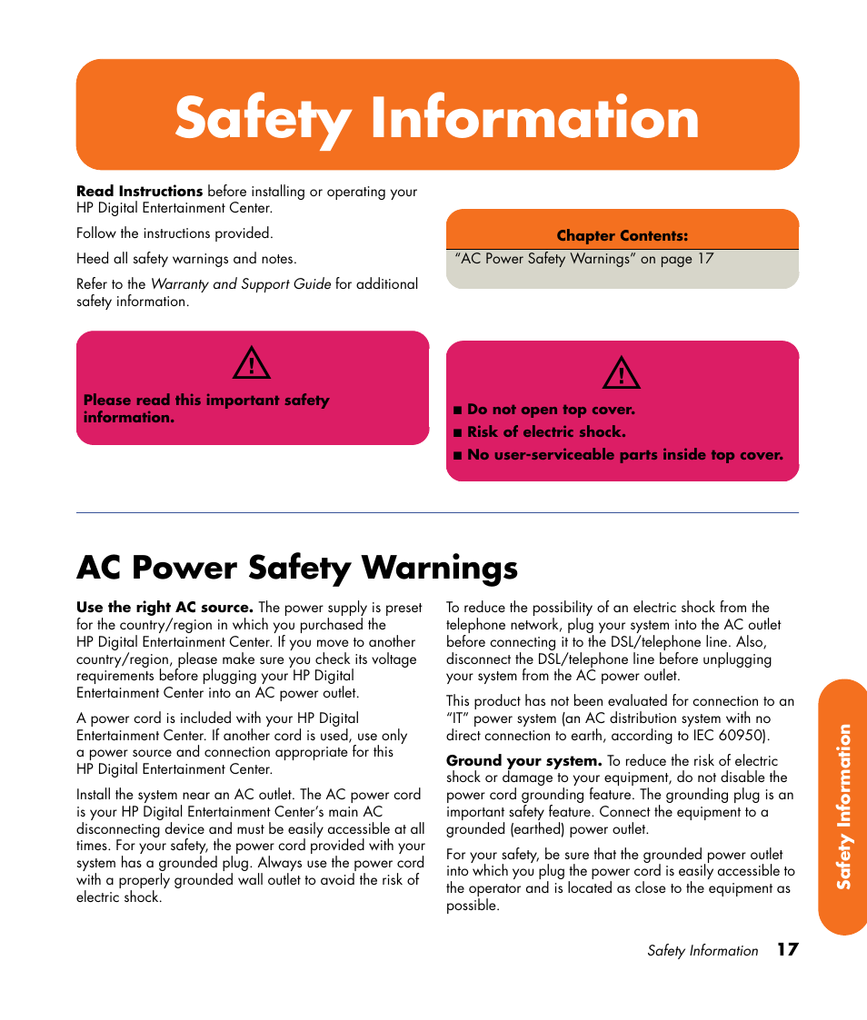 Safety information, Ac power safety warnings | HP 2307890A User Manual | Page 23 / 194