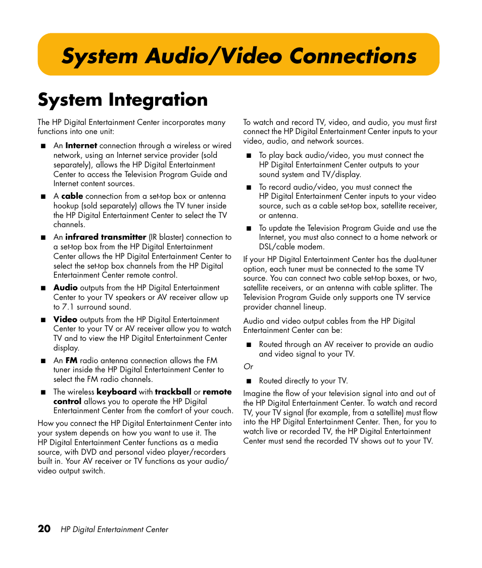 System audio/video connections, System integration | HP 2307890A User Manual | Page 26 / 194