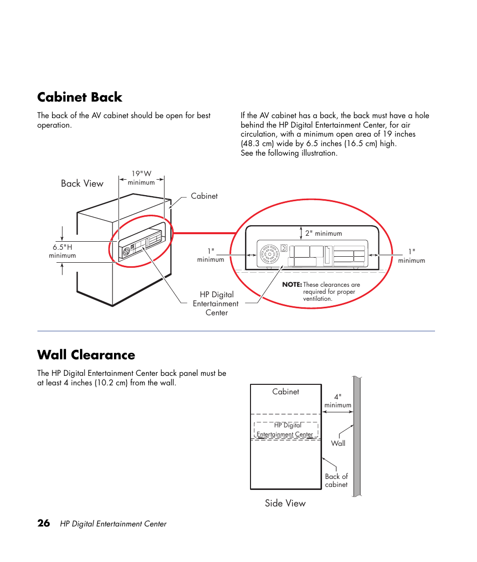 Cabinet back, Wall clearance | HP 2307890A User Manual | Page 32 / 194