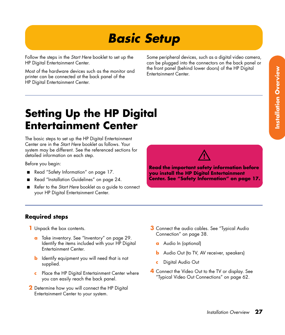 Basic setup, Setting up the hp digital entertainment center | HP 2307890A User Manual | Page 33 / 194