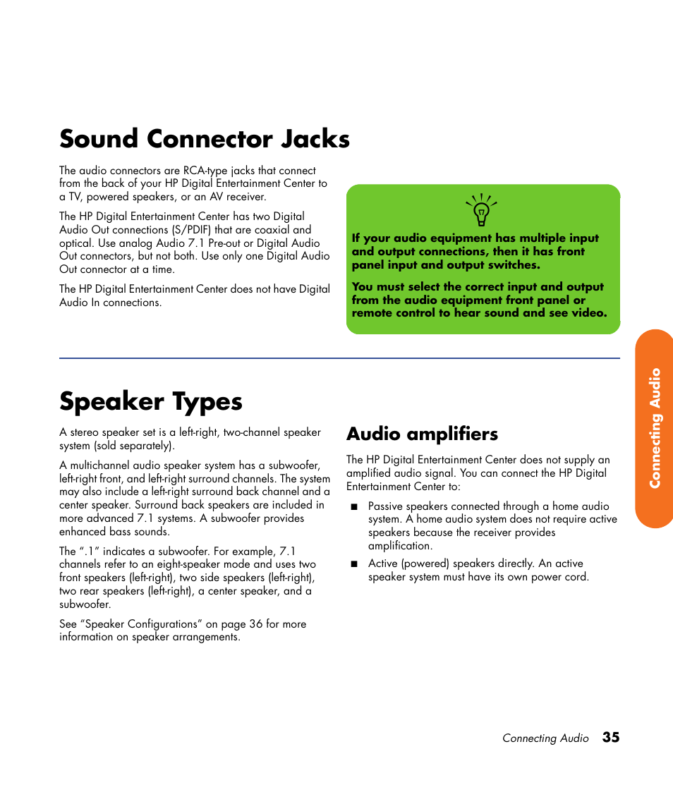 Sound connector jacks, Speaker types, Audio amplifiers | Sound connector jacks speaker types | HP 2307890A User Manual | Page 41 / 194