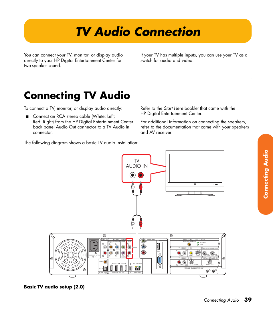 Tv audio connection, Connecting tv audio, 39 connecting audio | Tv audio in, Connecting audio | HP 2307890A User Manual | Page 45 / 194