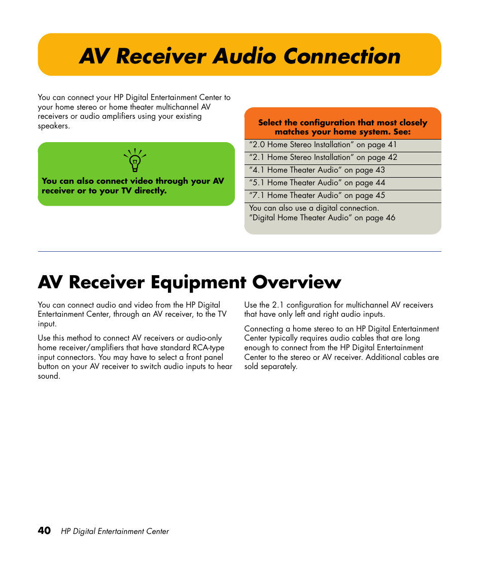 Av receiver audio connection, Av receiver equipment overview | HP 2307890A User Manual | Page 46 / 194