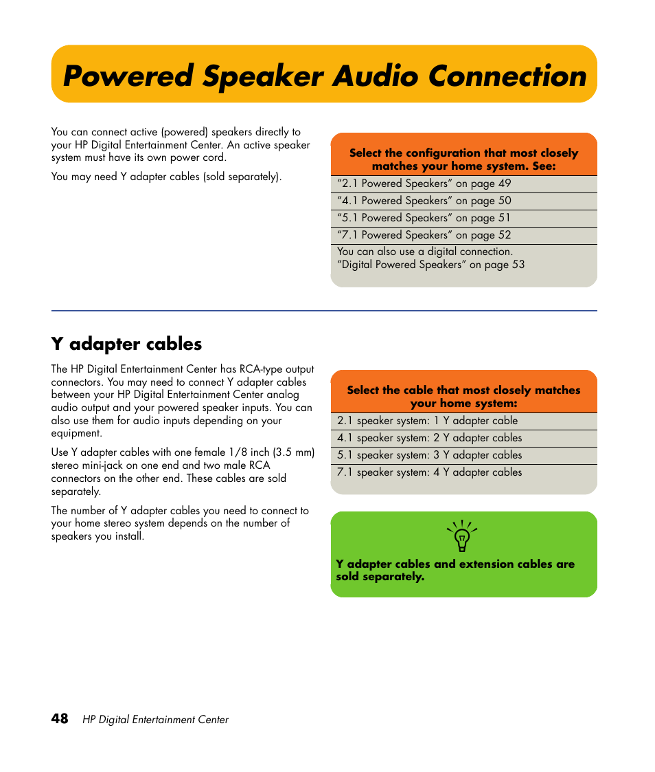 Powered speaker audio connection, Y adapter cables, Powered speaker audio | Connection | HP 2307890A User Manual | Page 54 / 194