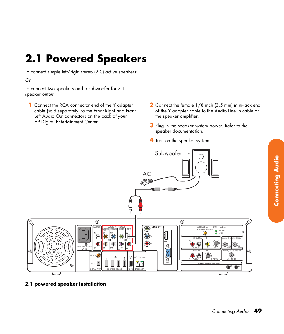 1 powered speakers, Ac subwoofer, 49 connecting audio | Connecting audio | HP 2307890A User Manual | Page 55 / 194