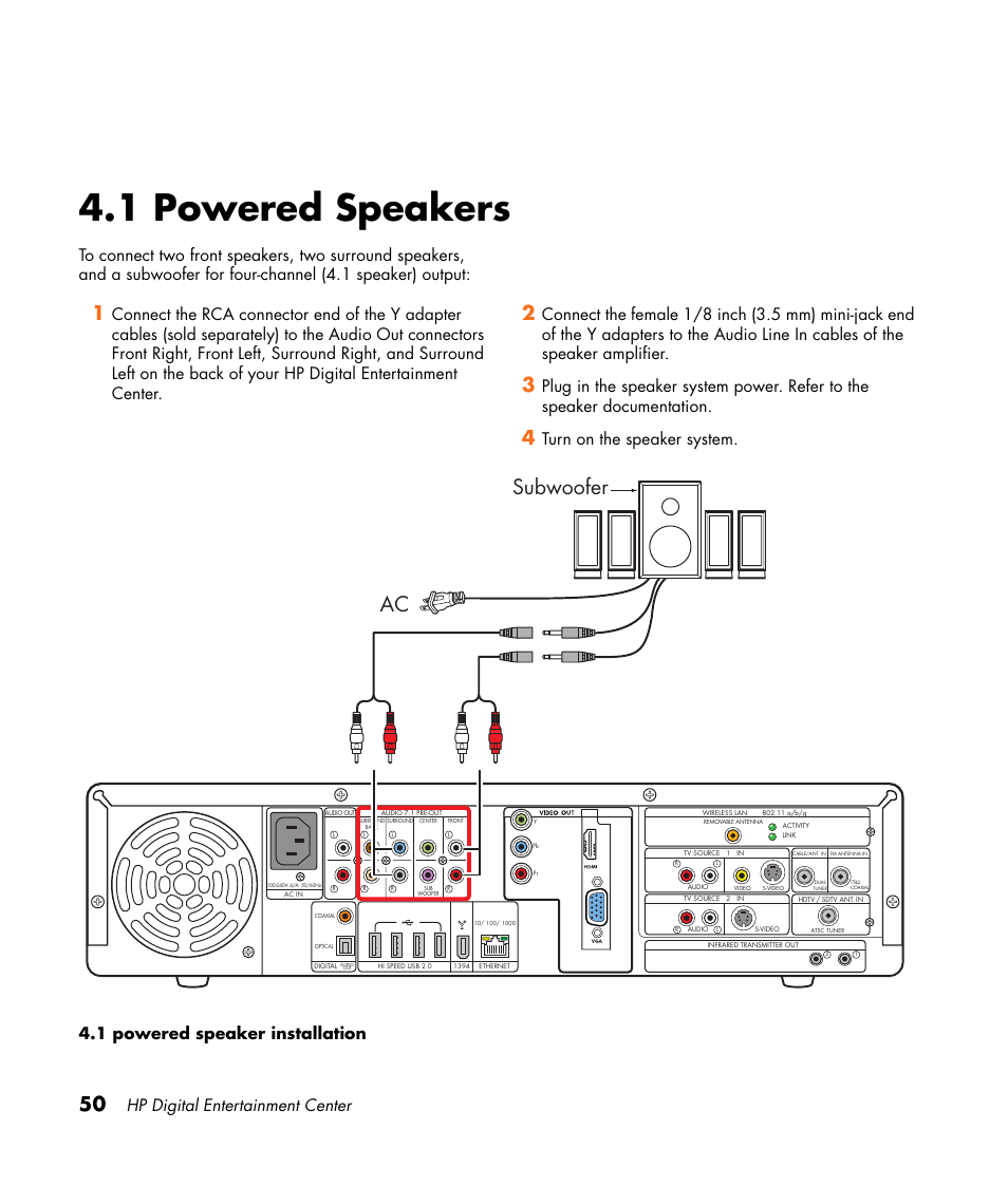 1 powered speakers, Subwoofer ac, Hp digital entertainment center | HP 2307890A User Manual | Page 56 / 194