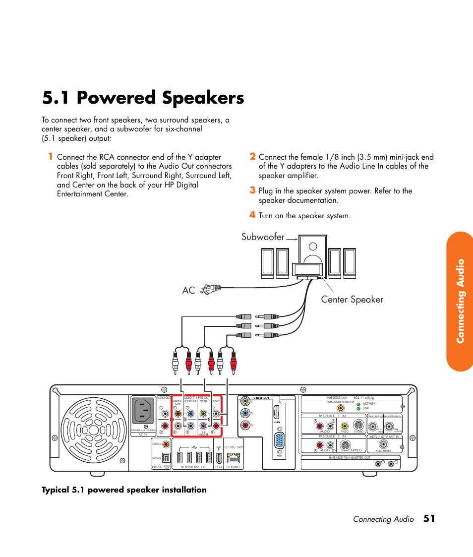 1 powered speakers, 51 connecting audio, Subwoofer center speaker ac | Connecting audio | HP 2307890A User Manual | Page 57 / 194