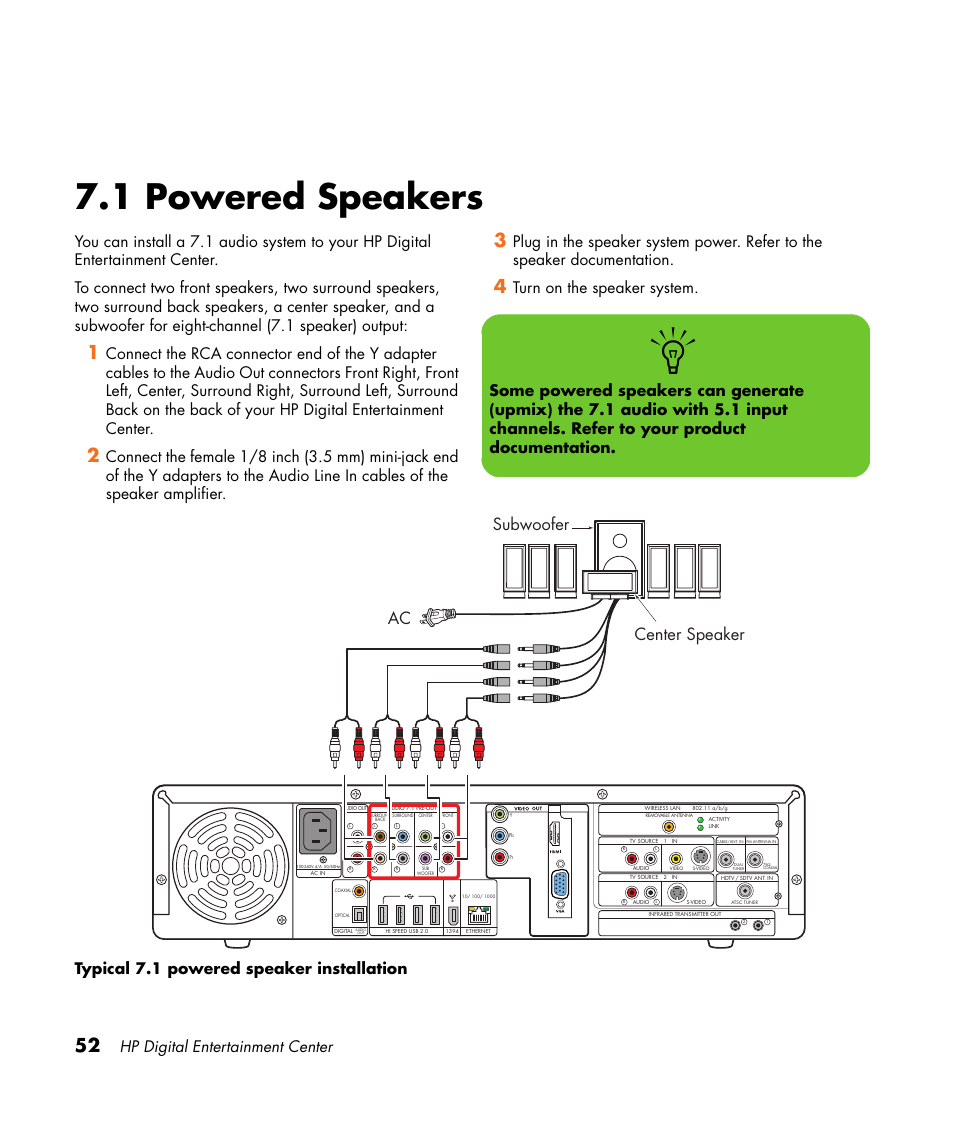 1 powered speakers, Subwoofer center speaker ac, Hp digital entertainment center | HP 2307890A User Manual | Page 58 / 194