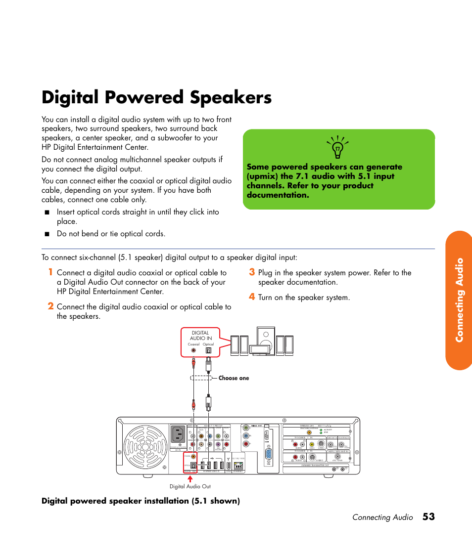 Digital powered speakers, 53 connecting audio, Connecting audio | Choose one | HP 2307890A User Manual | Page 59 / 194