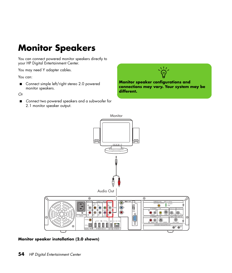 Monitor speakers, Hp digital entertainment center, Audio out monitor | HP 2307890A User Manual | Page 60 / 194