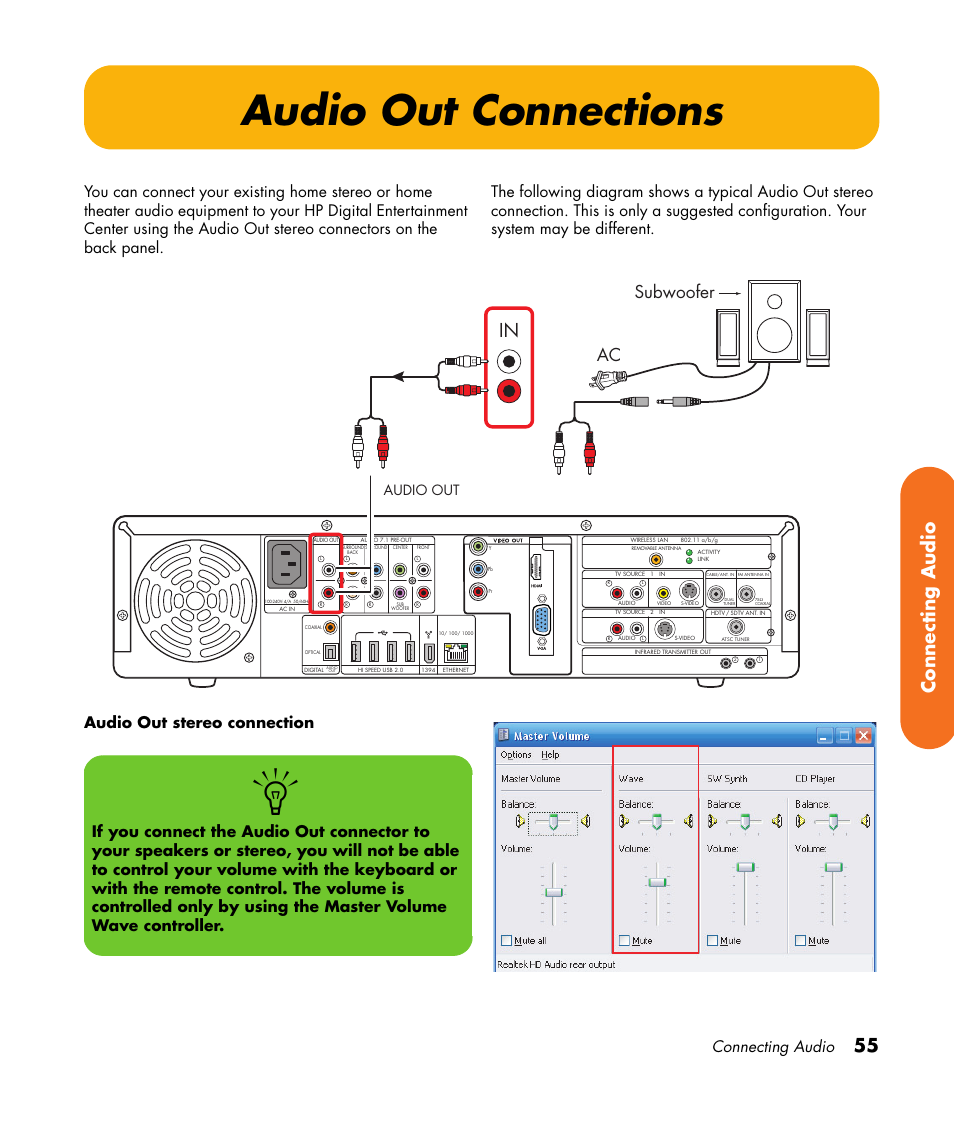 Audio out connections, 55 connecting audio, Ac subwoofer | Connecting audio, Audio out stereo connection, Audio out | HP 2307890A User Manual | Page 61 / 194