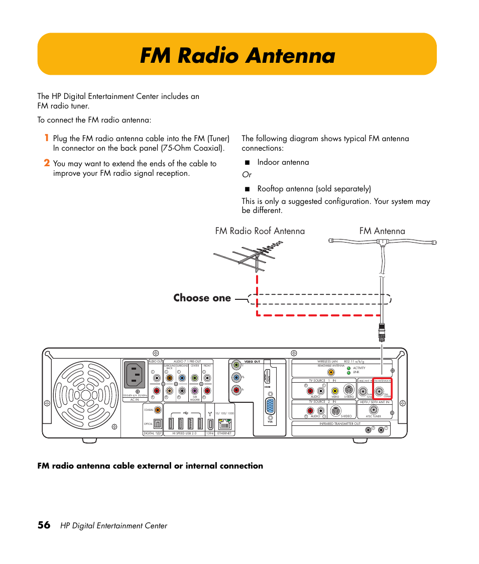 Fm radio antenna, Choose one, Fm antenna fm radio roof antenna | Hp digital entertainment center, Indoor antenna or | HP 2307890A User Manual | Page 62 / 194