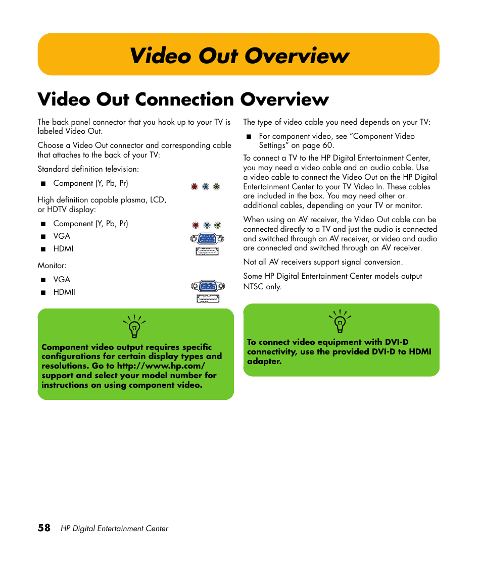 Video out overview, Video out connection overview | HP 2307890A User Manual | Page 64 / 194