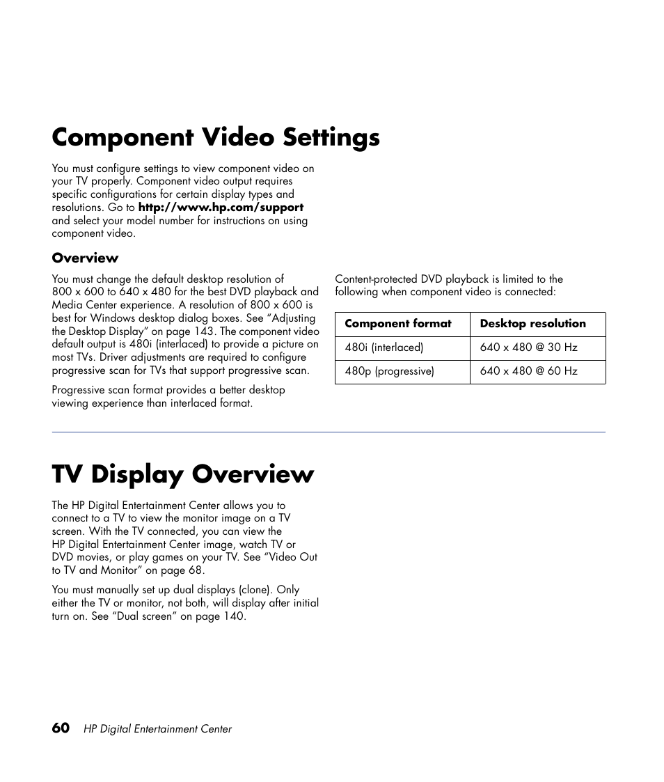 Component video settings, Tv display overview, Component video settings tv display overview | HP 2307890A User Manual | Page 66 / 194