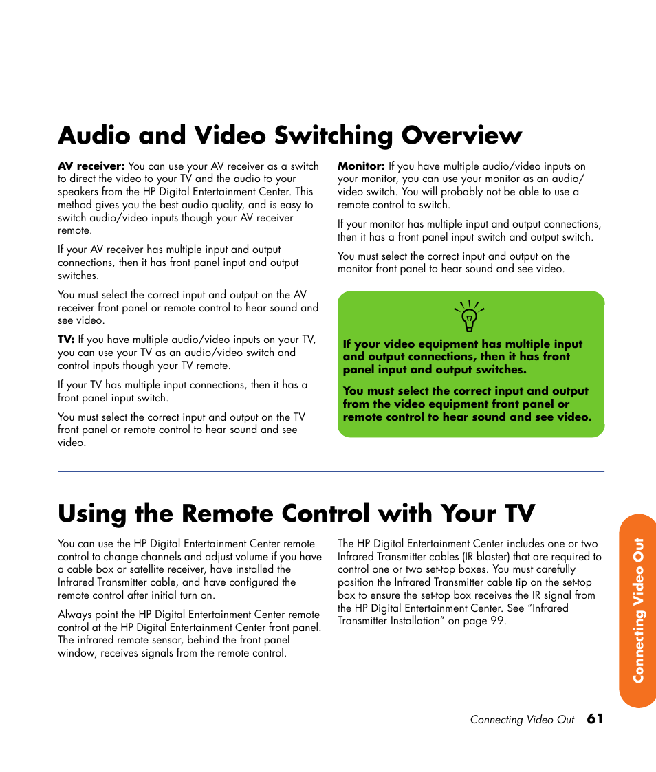 Audio and video switching overview, Using the remote control with your tv | HP 2307890A User Manual | Page 67 / 194