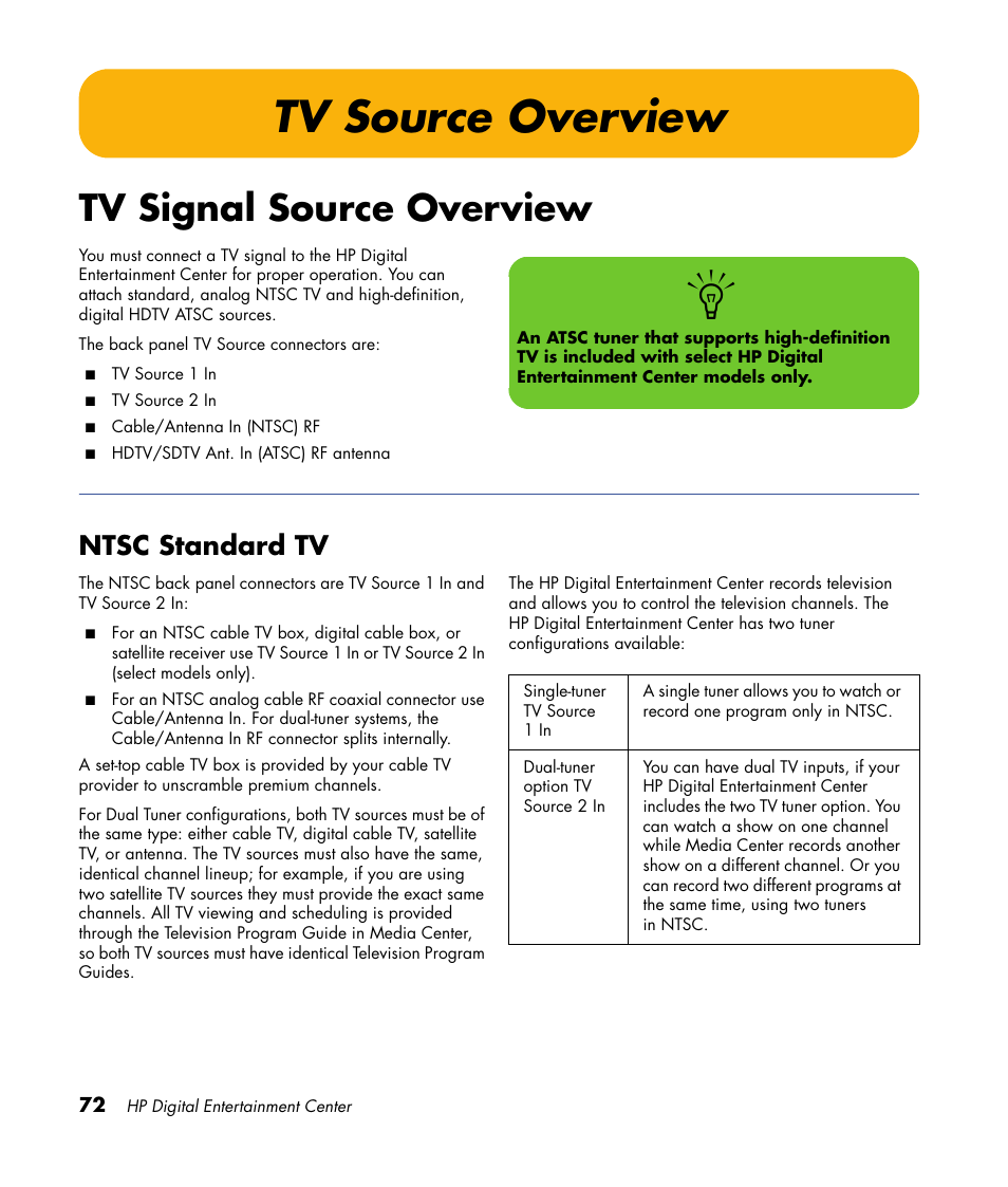 Tv source overview, Tv signal source overview, Ntsc standard tv | HP 2307890A User Manual | Page 78 / 194