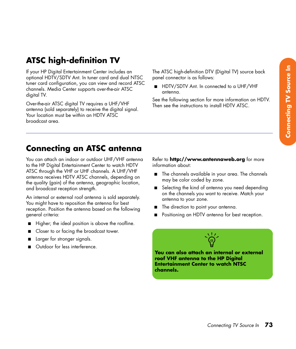 Atsc high-definition tv, Connecting an atsc antenna | HP 2307890A User Manual | Page 79 / 194