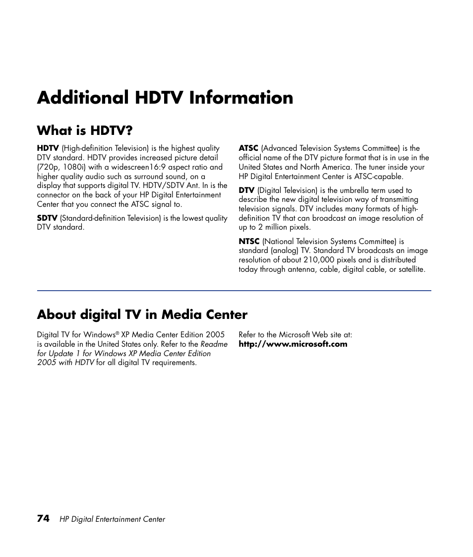 Additional hdtv information, What is hdtv, About digital tv in media center | HP 2307890A User Manual | Page 80 / 194