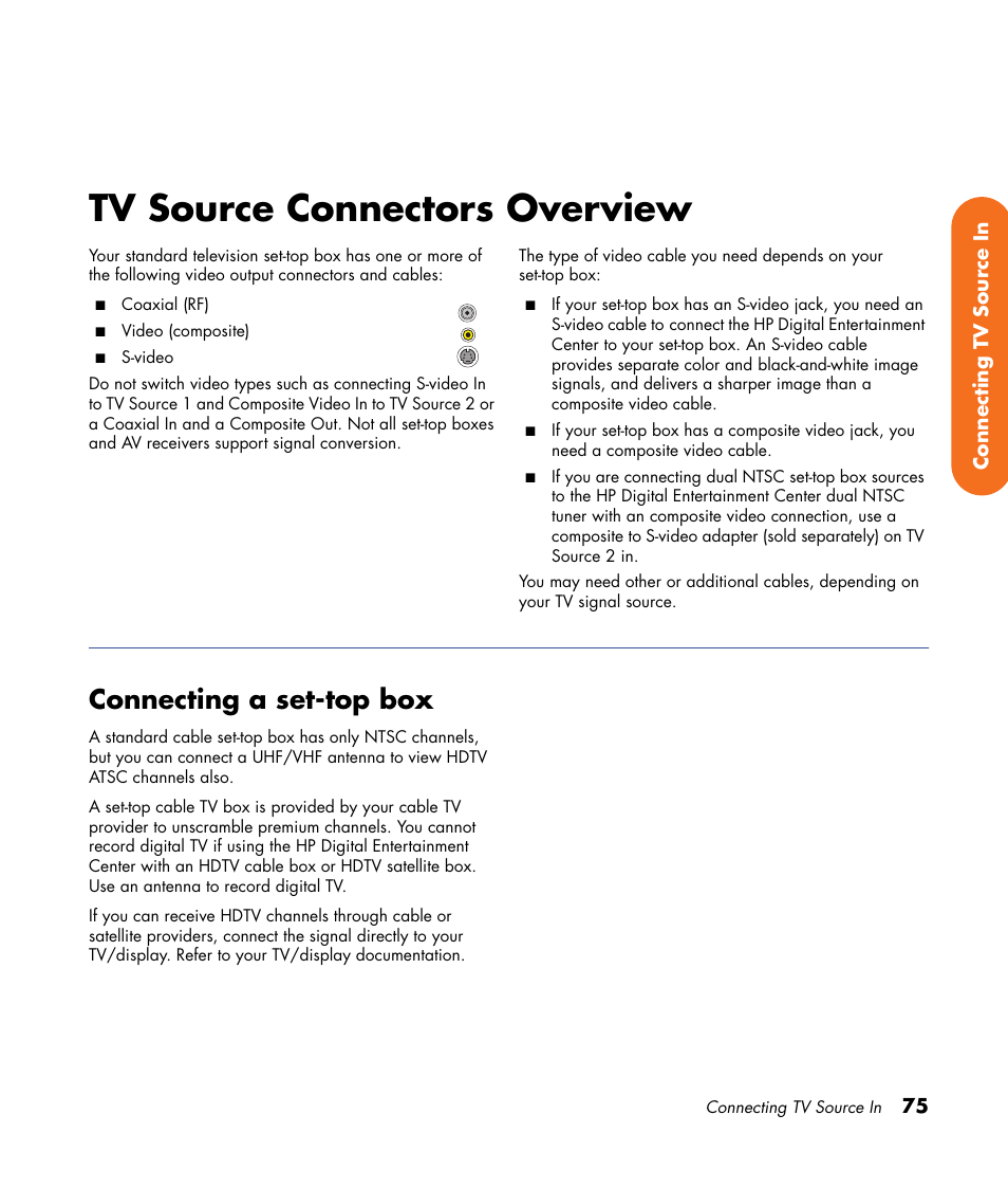 Tv source connectors overview, Connecting a set-top box | HP 2307890A User Manual | Page 81 / 194