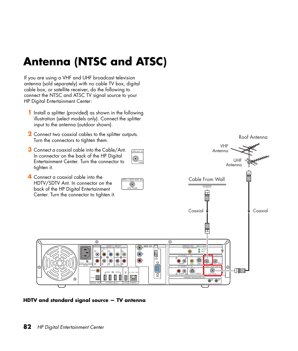 Antenna (ntsc and atsc), Hp digital entertainment center, Hdtv and standard signal source — tv antenna | Cable from wall, Uhf antenna, Coaxial vhf antenna coaxial | HP 2307890A User Manual | Page 88 / 194