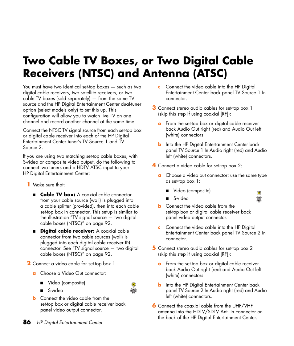 Two cable tv boxes, or two digital cable, Receivers (ntsc) and antenna (atsc) | HP 2307890A User Manual | Page 92 / 194