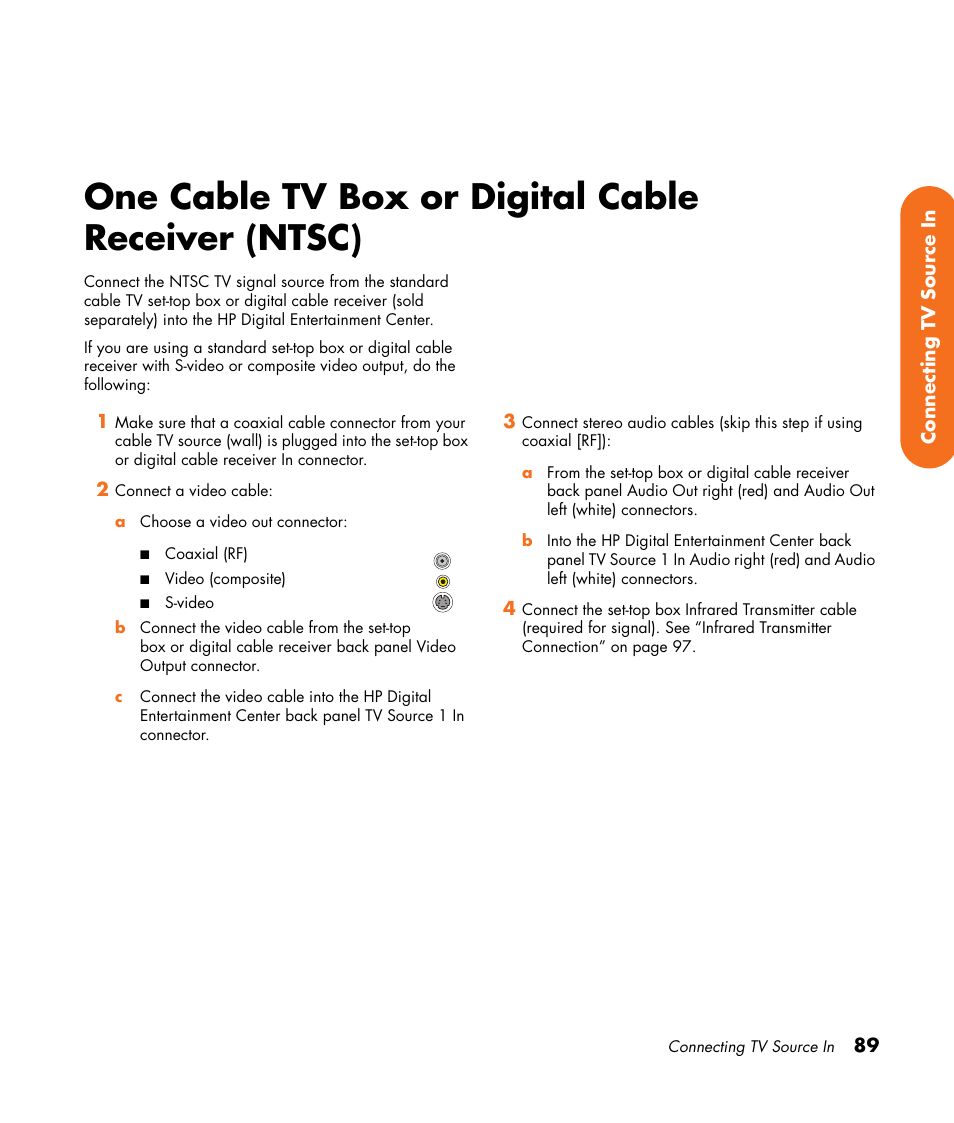 One cable tv box or digital cable receiver (ntsc), One cable tv box or digital cable, Receiver (ntsc) | HP 2307890A User Manual | Page 95 / 194