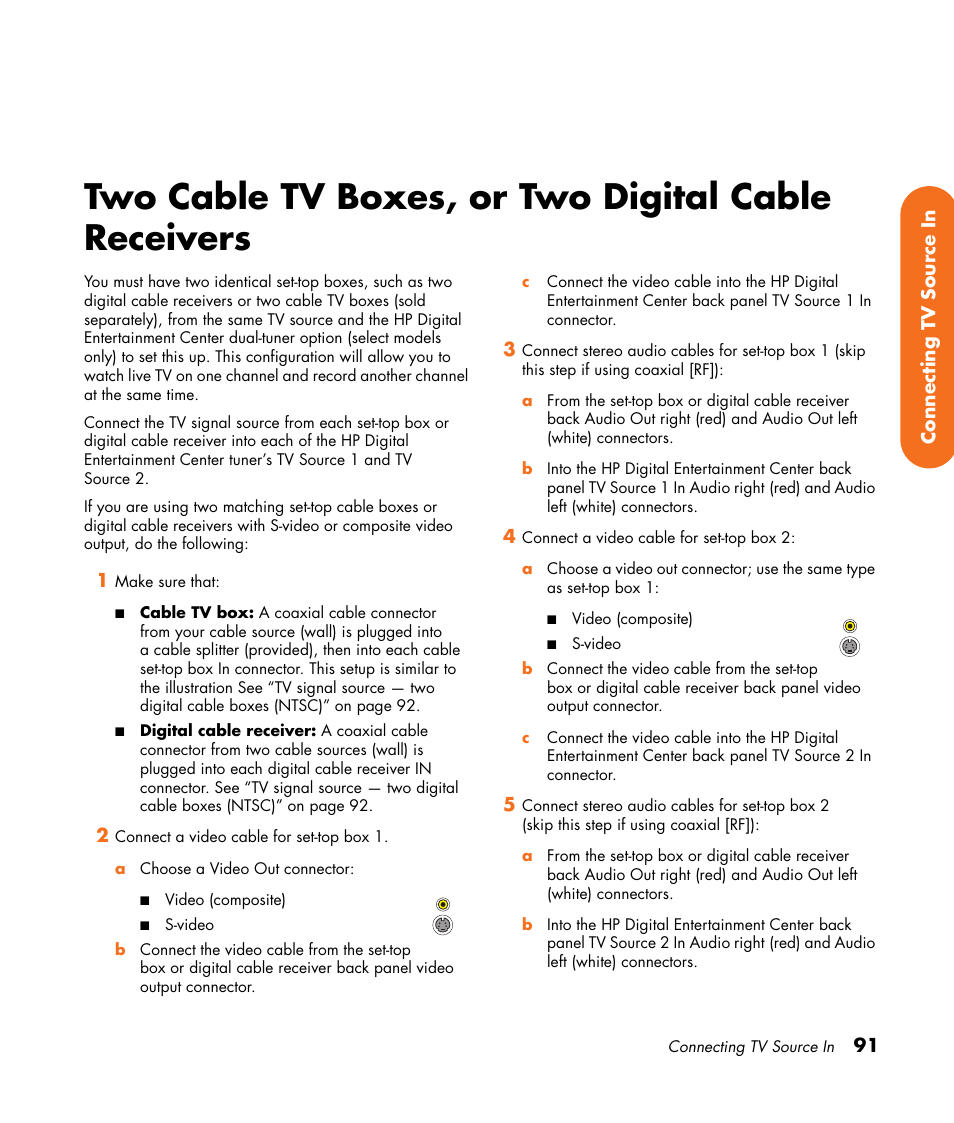 Two cable tv boxes, or two digital cable receivers, Two cable tv boxes, or two digital cable, Receivers | HP 2307890A User Manual | Page 97 / 194