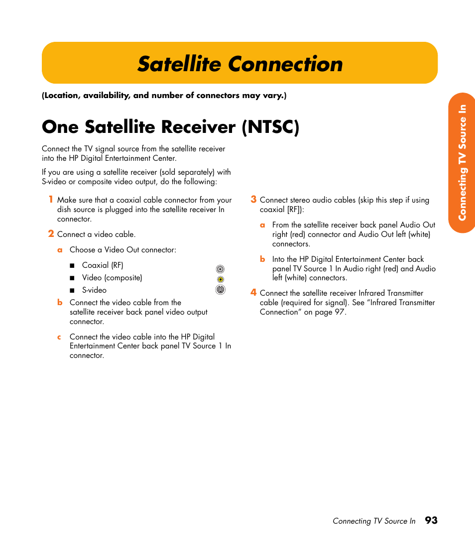 Satellite connection, One satellite receiver (ntsc) | HP 2307890A User Manual | Page 99 / 194