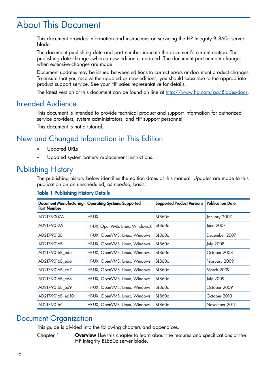 About this document, Intended audience, New and changed information in this edition | Publishing history, Document organization | HP BL860C User Manual | Page 10 / 184