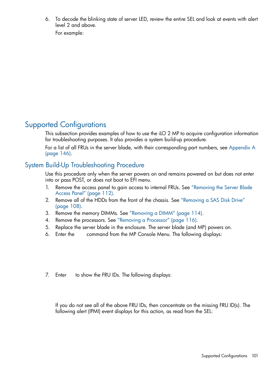 Supported configurations, System build-up troubleshooting procedure, Supported | HP BL860C User Manual | Page 101 / 184