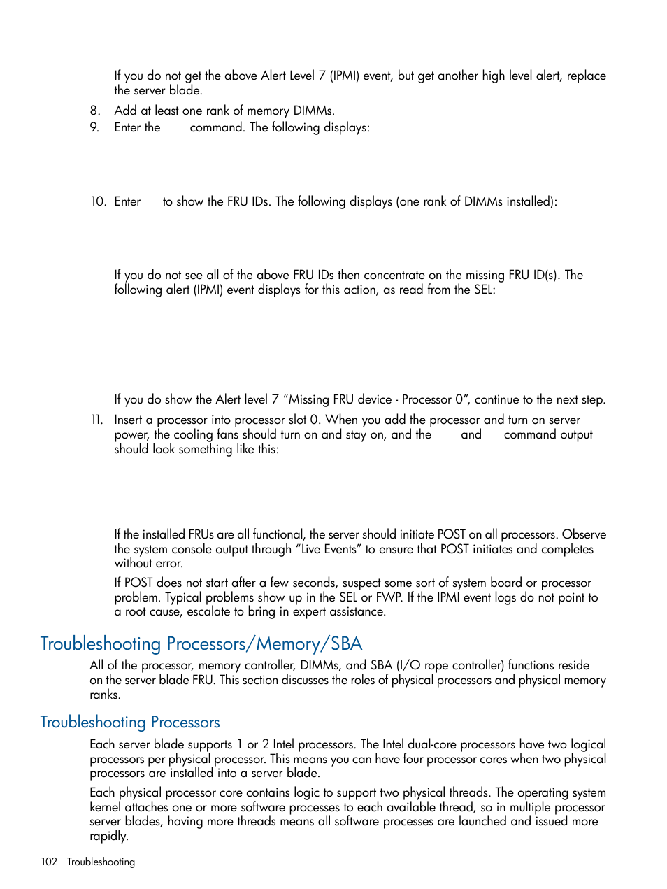 Troubleshooting processors/memory/sba, Troubleshooting processors | HP BL860C User Manual | Page 102 / 184