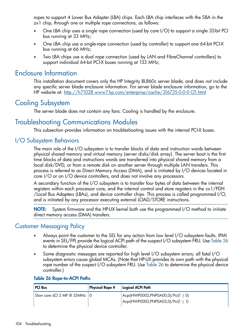 Enclosure information, Cooling subsystem, Troubleshooting communications modules | I/o subsystem behaviors, Customer messaging policy, I/o subsystem behaviors customer messaging policy | HP BL860C User Manual | Page 104 / 184