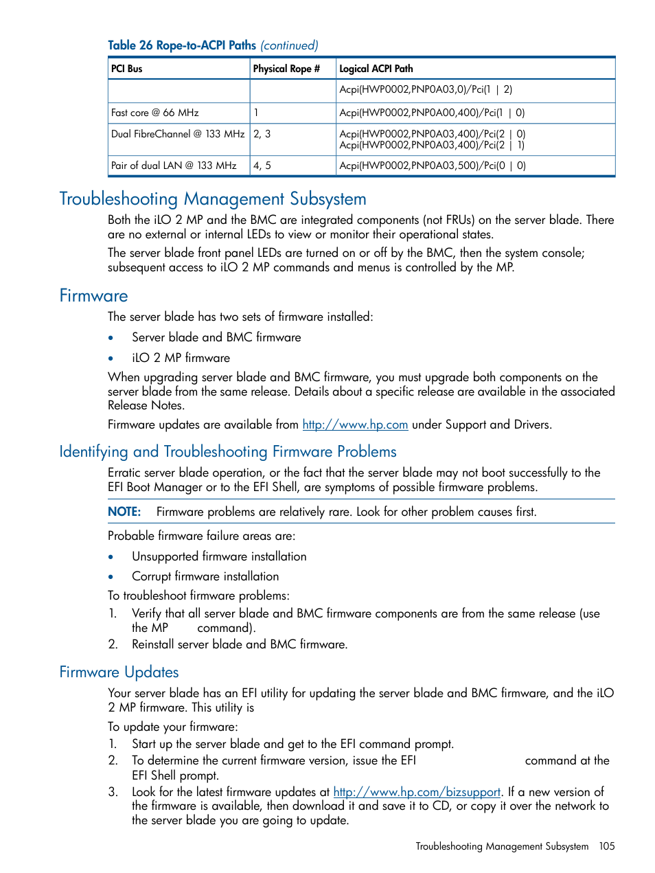 Troubleshooting management subsystem, Firmware, Identifying and troubleshooting firmware problems | Firmware updates, Troubleshooting management subsystem firmware | HP BL860C User Manual | Page 105 / 184