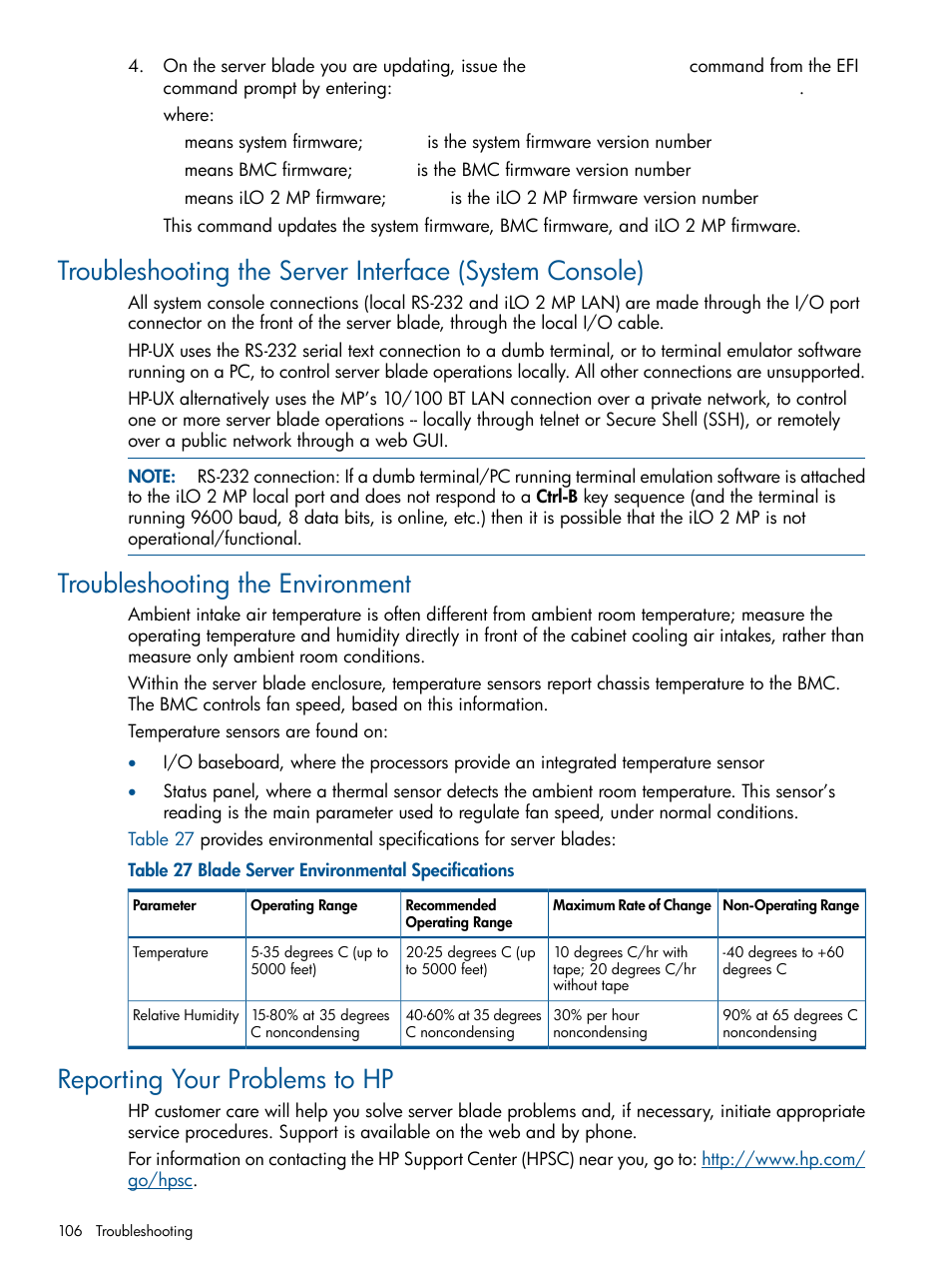 Troubleshooting the environment, Reporting your problems to hp | HP BL860C User Manual | Page 106 / 184