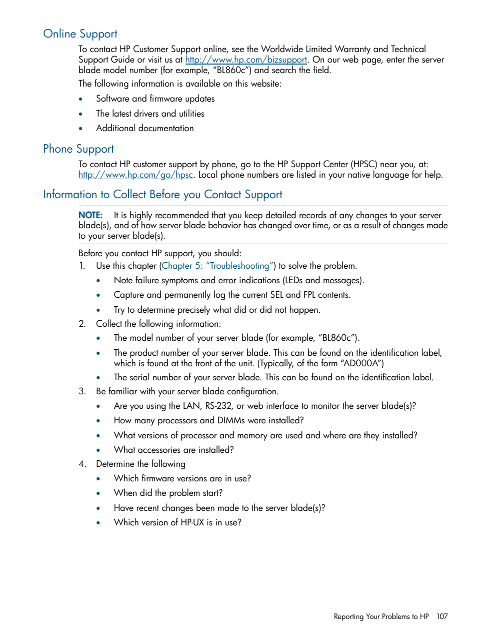 Online support, Phone support, Information to collect before you contact support | HP BL860C User Manual | Page 107 / 184