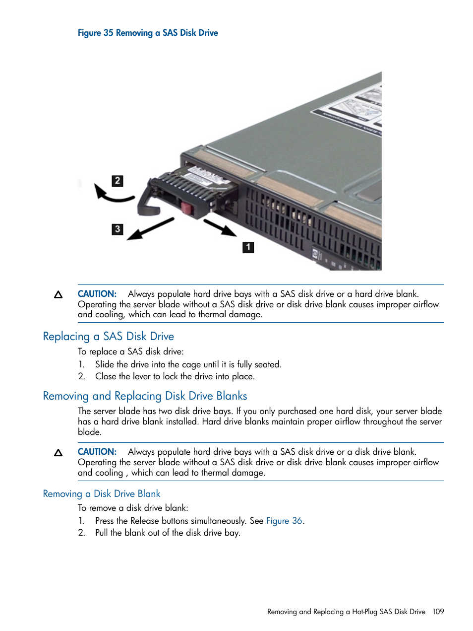 Replacing a sas disk drive, Removing and replacing disk drive blanks, Removing a disk drive blank | Figure 35 | HP BL860C User Manual | Page 109 / 184