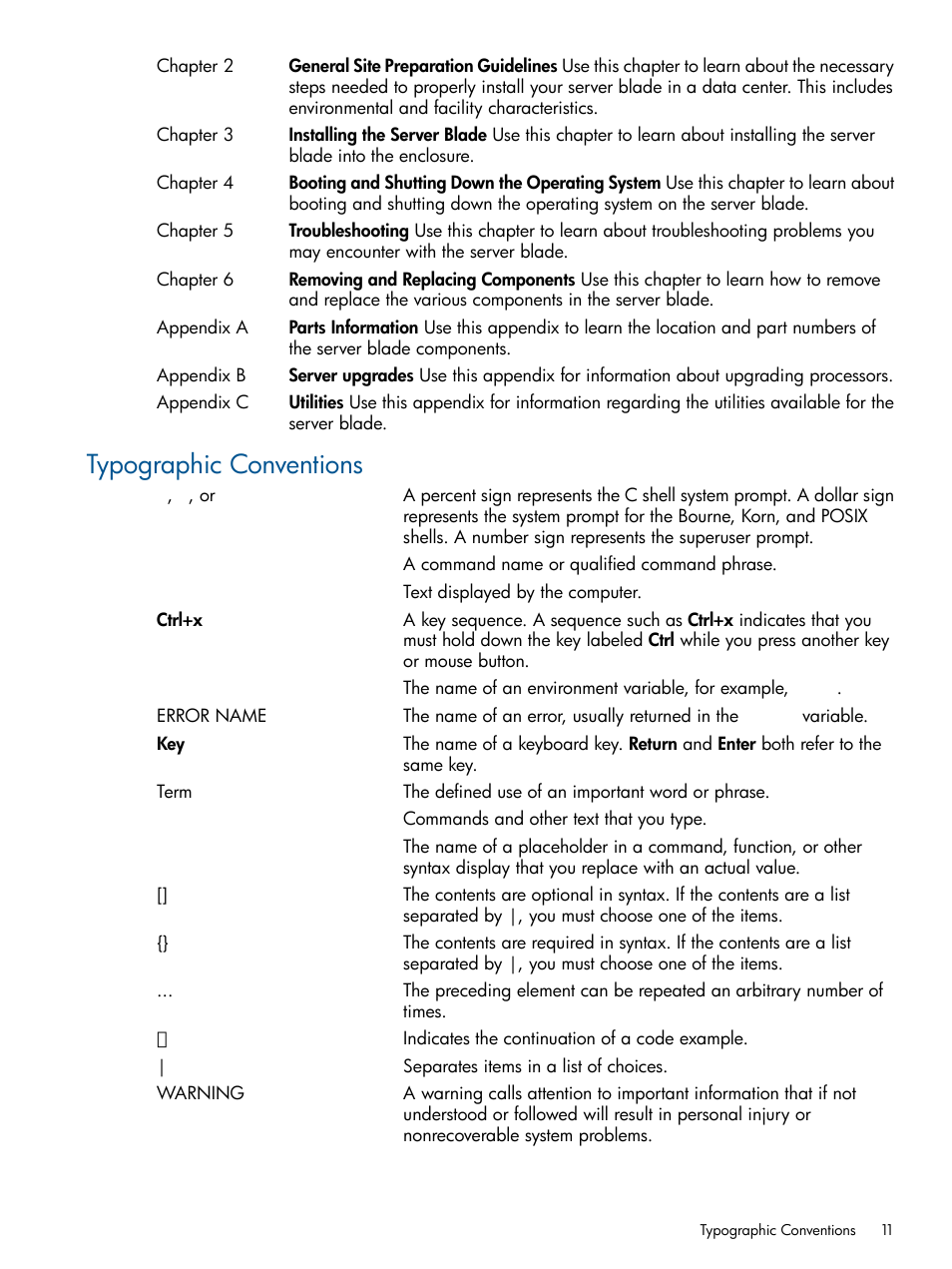 Typographic conventions | HP BL860C User Manual | Page 11 / 184