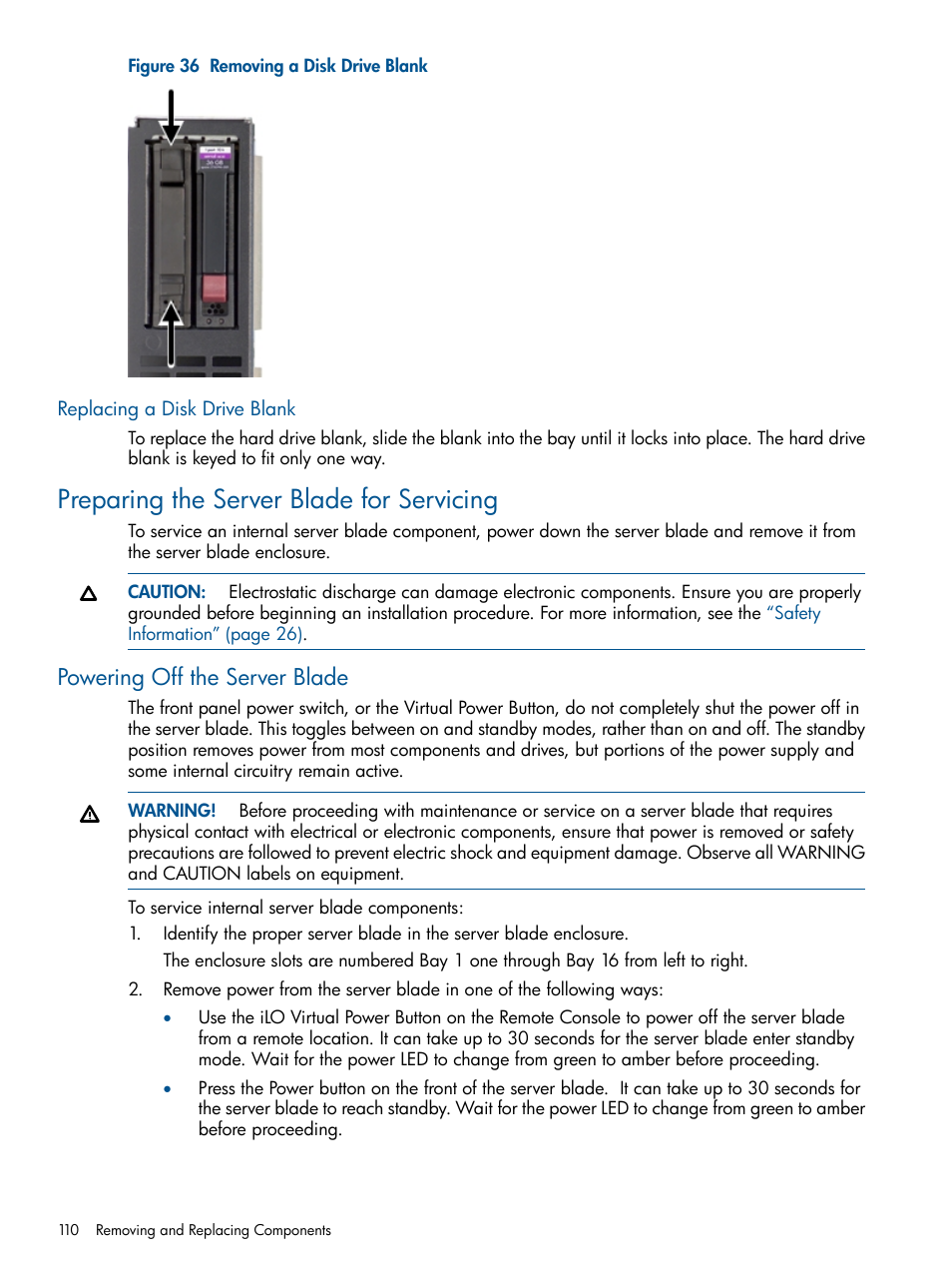 Replacing a disk drive blank, Preparing the server blade for servicing, Powering off the server blade | HP BL860C User Manual | Page 110 / 184