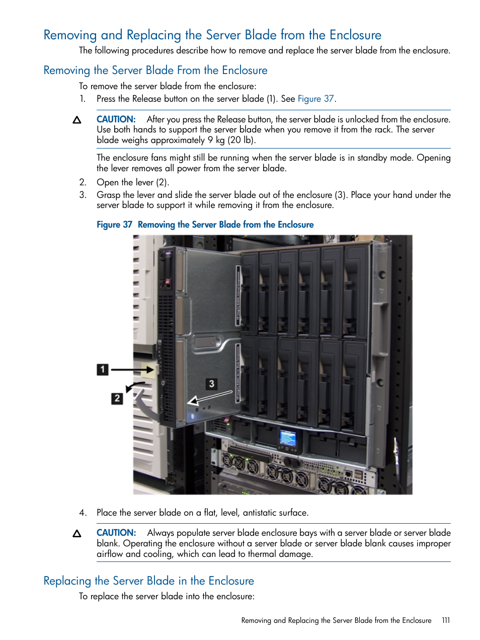 Removing the server blade from the enclosure, Replacing the server blade in the enclosure | HP BL860C User Manual | Page 111 / 184