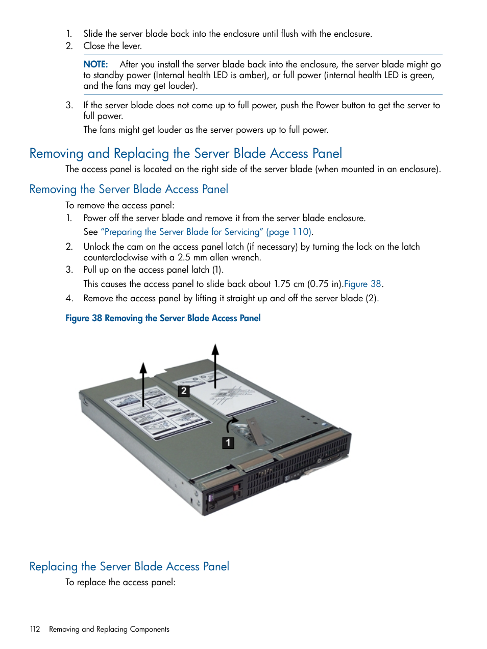 Removing the server blade access panel, Replacing the server blade access panel, Removing the server blade | HP BL860C User Manual | Page 112 / 184