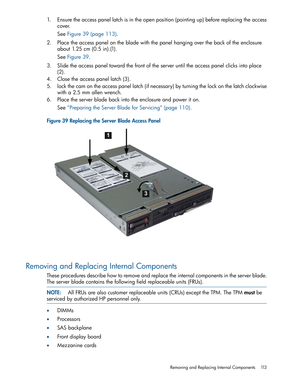 Removing and replacing internal components | HP BL860C User Manual | Page 113 / 184