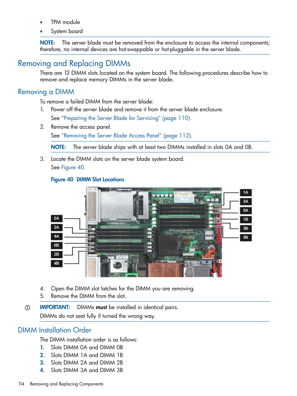 Removing and replacing dimms, Removing a dimm, Dimm installation order | Removing a dimm dimm installation order | HP BL860C User Manual | Page 114 / 184