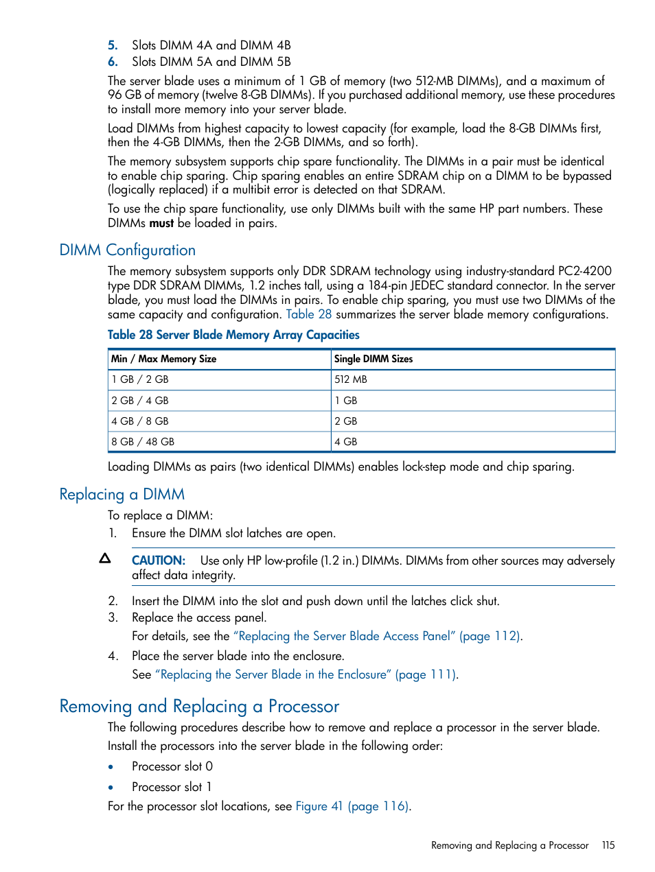 Dimm configuration, Replacing a dimm, Removing and replacing a processor | Dimm configuration replacing a dimm | HP BL860C User Manual | Page 115 / 184