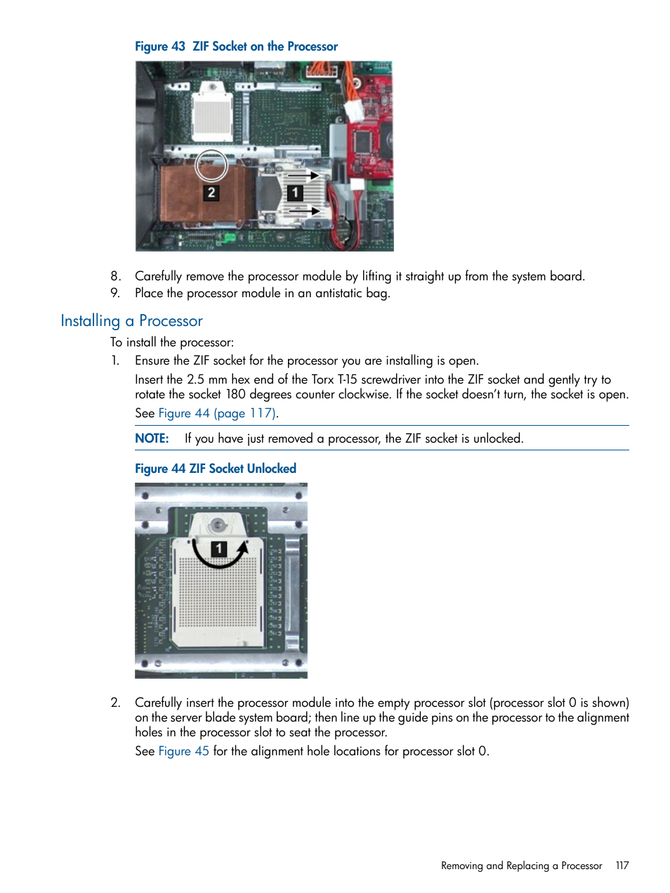 Installing a processor, Figure 43 | HP BL860C User Manual | Page 117 / 184