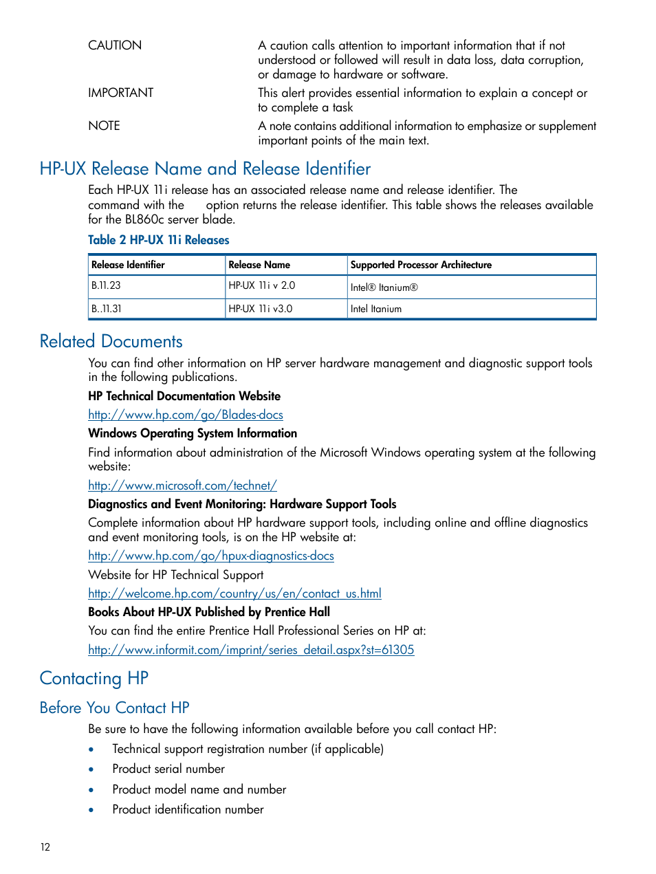 Hp-ux release name and release identifier, Related documents, Contacting hp | Before you contact hp | HP BL860C User Manual | Page 12 / 184