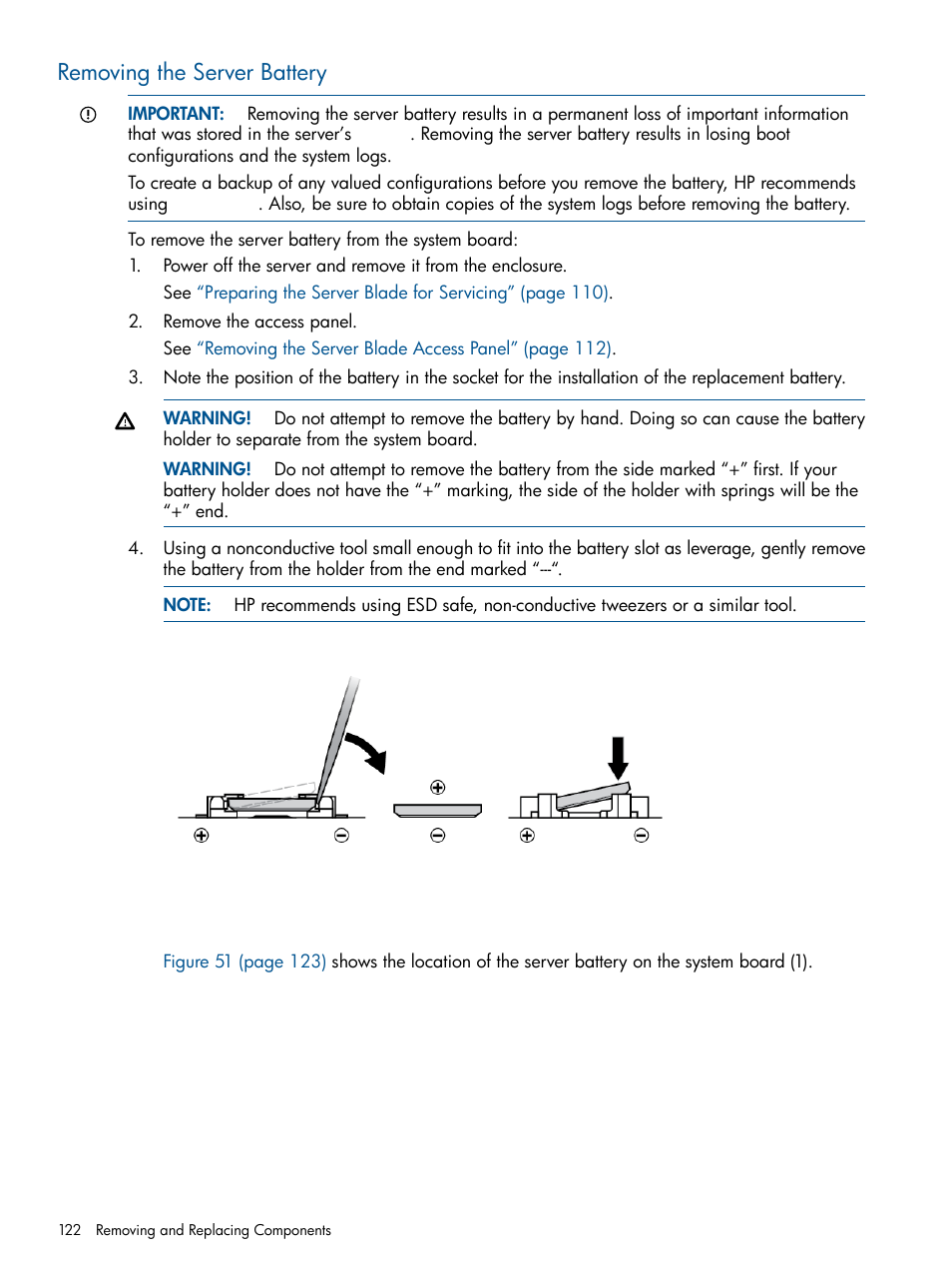 Removing the server battery | HP BL860C User Manual | Page 122 / 184