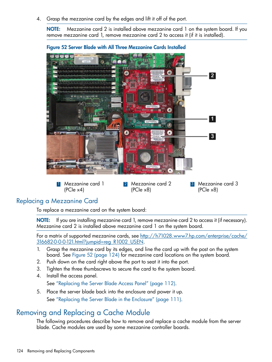 Replacing a mezzanine card, Removing and replacing a cache module | HP BL860C User Manual | Page 124 / 184